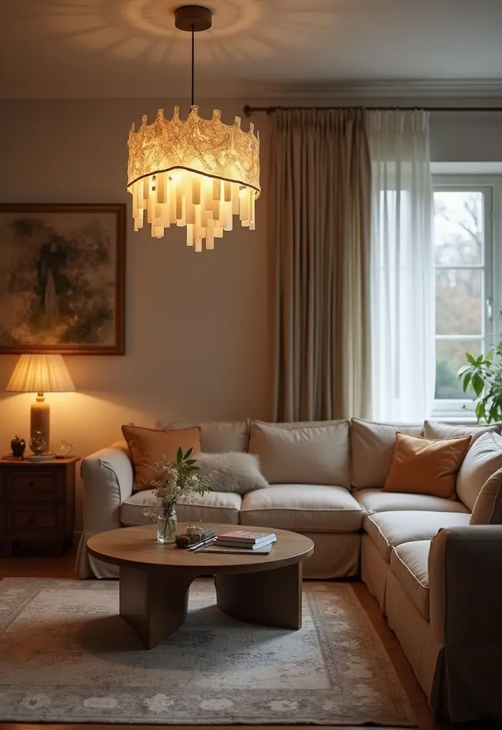 27 Feminine Living Room Decor Ideas That Feel Soft and Modern - 6. Statement Light Fixtures