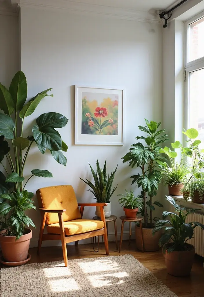 27 Green Mid Century Modern Living Room Ideas That Feel Retro and Fresh - 1. Lush Indoor Plants