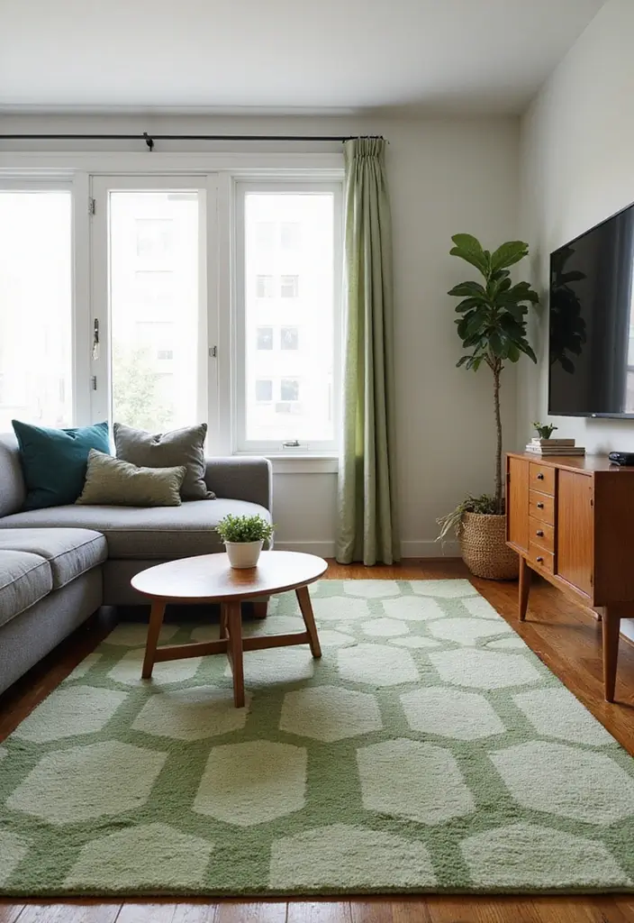 27 Green Mid Century Modern Living Room Ideas That Feel Retro and Fresh - 13. Mid-Century Modern Rugs