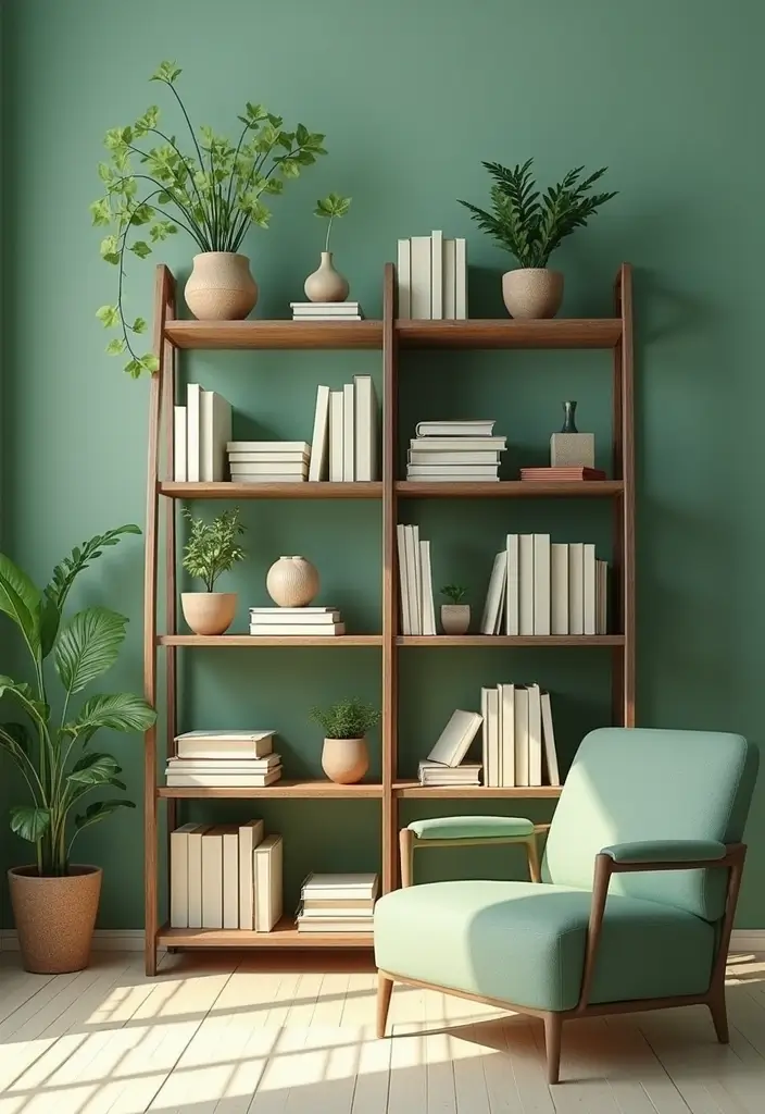 27 Green Mid Century Modern Living Room Ideas That Feel Retro and Fresh - 15. Creative Bookshelf Styling