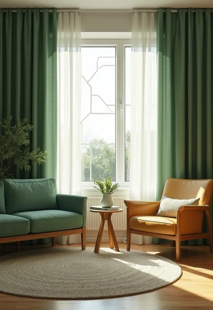 27 Green Mid Century Modern Living Room Ideas That Feel Retro and Fresh - 16. Layered Green Curtains