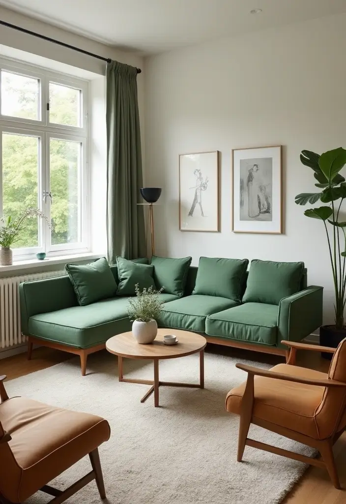 27 Green Mid Century Modern Living Room Ideas That Feel Retro and Fresh - 17. Integrating Green with Neutral Palettes