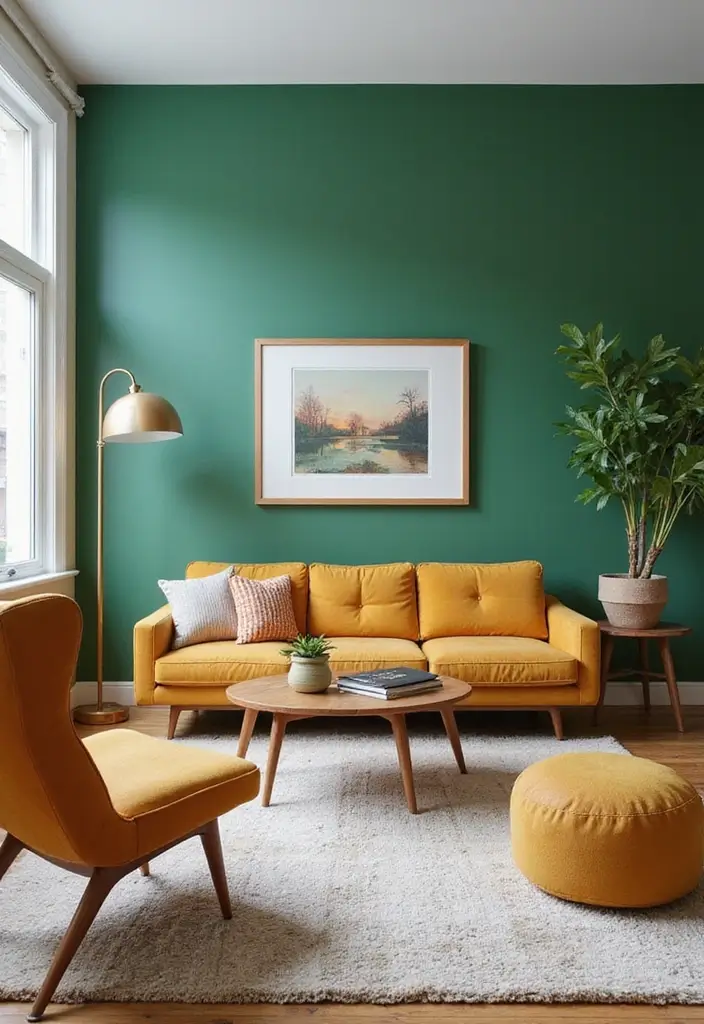 27 Green Mid Century Modern Living Room Ideas That Feel Retro and Fresh - 2. Vibrant Green Accent Wall