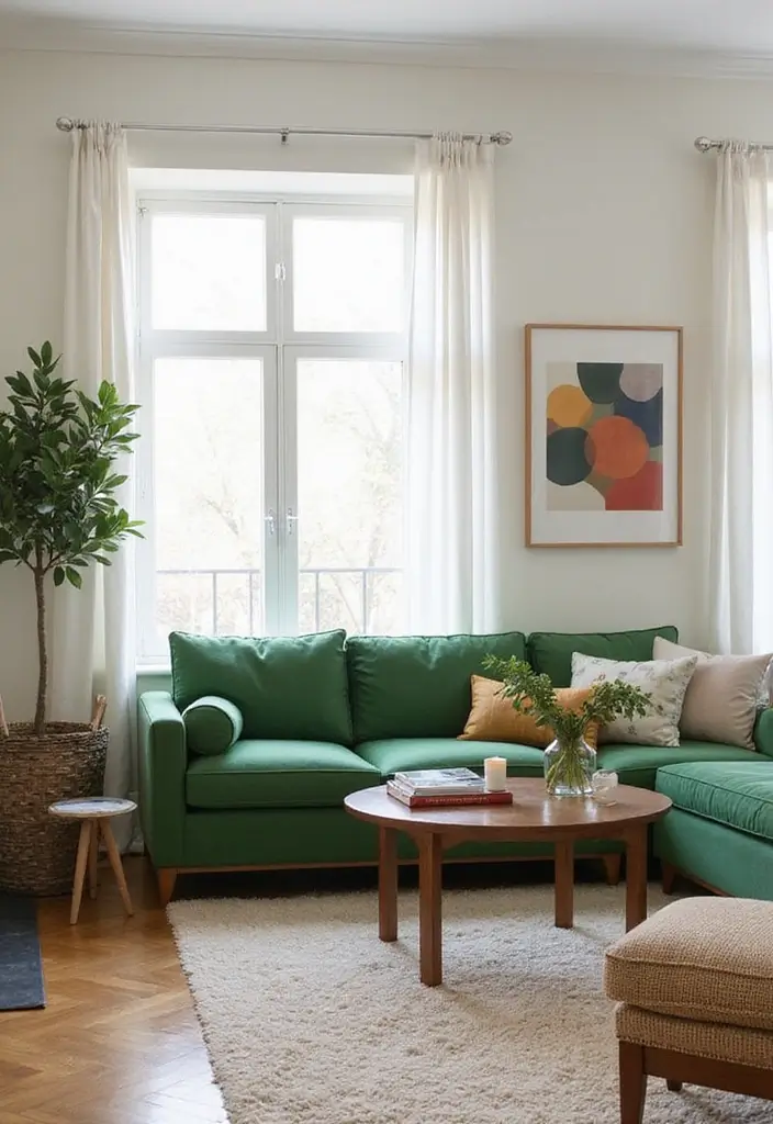 27 Green Mid Century Modern Living Room Ideas That Feel Retro and Fresh - 24. Statement Green Furniture