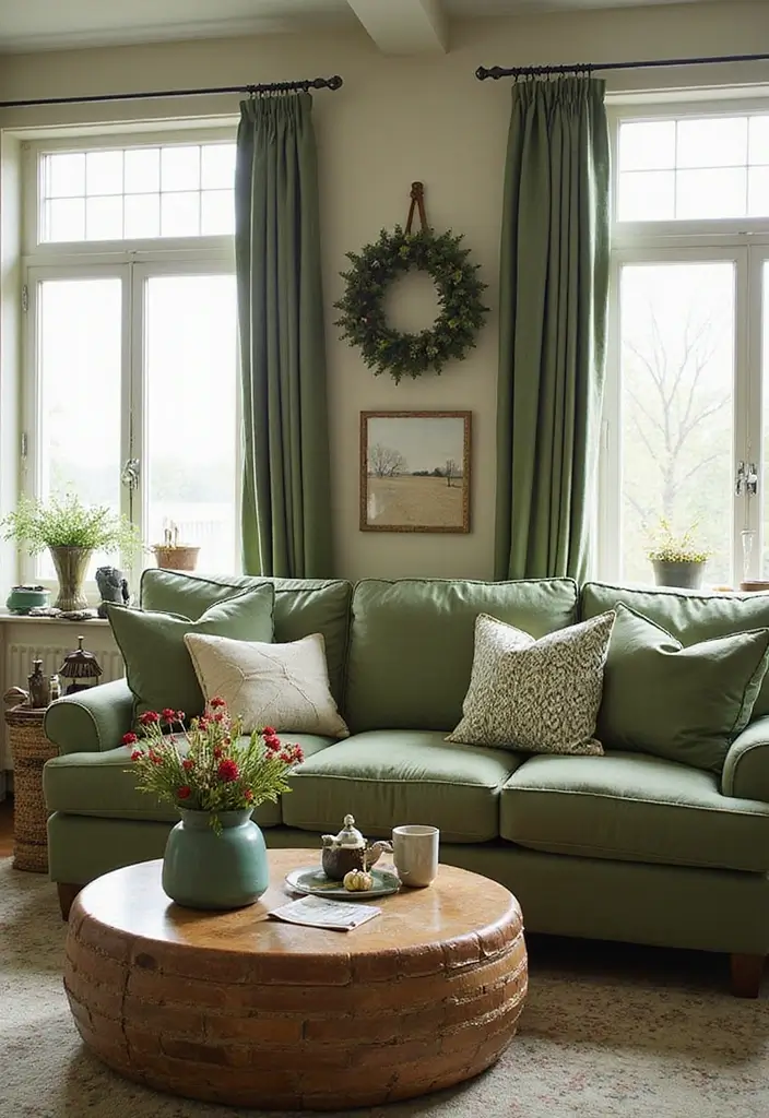 27 Green Mid Century Modern Living Room Ideas That Feel Retro and Fresh - 25. Green Themes in Seasonal Decor