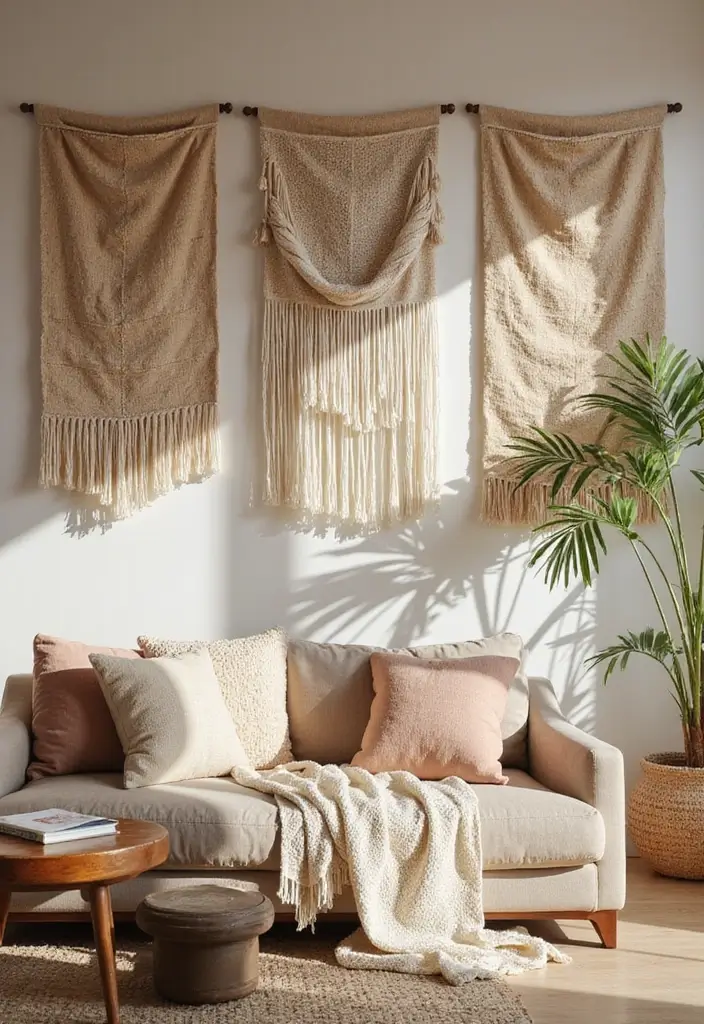 27 Living Room Essentials Ideas That Every Home Needs - 25. Soft Textured Wall Hangings