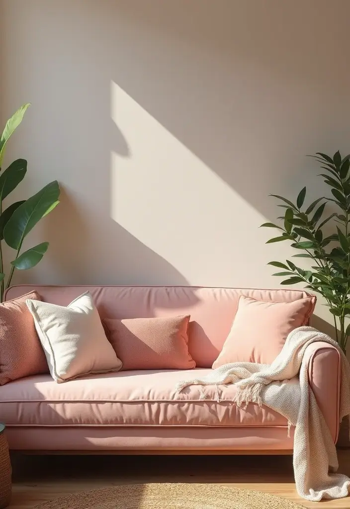 27 Living Room Pink Ideas That Feel Feminine and Warm - 1. Blush Pink Sofa: The Statement Piece