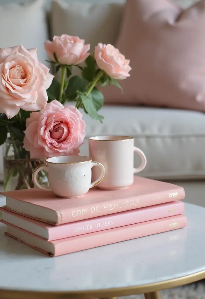 27 Living Room Pink Ideas That Feel Feminine and Warm - 12. Pink Books and Coffee Table Decor