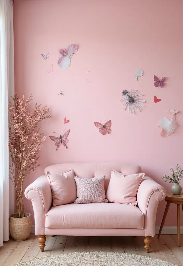 27 Living Room Pink Ideas That Feel Feminine and Warm - 13. Pink Wall Decor and Stickers