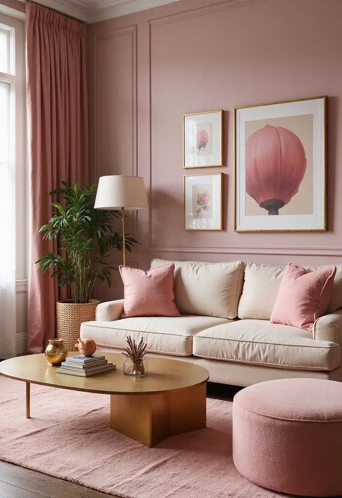 27 Living Room Pink Ideas That Feel Feminine and Warm - 14. Pink and Gold Accents
