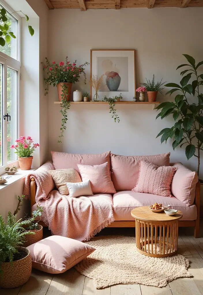 27 Living Room Pink Ideas That Feel Feminine and Warm - 23. Pink Outdoor-Inspired Decor