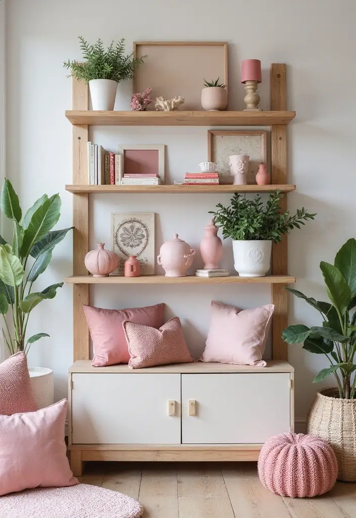 27 Living Room Pink Ideas That Feel Feminine and Warm - 24. Pink Accented Shelves