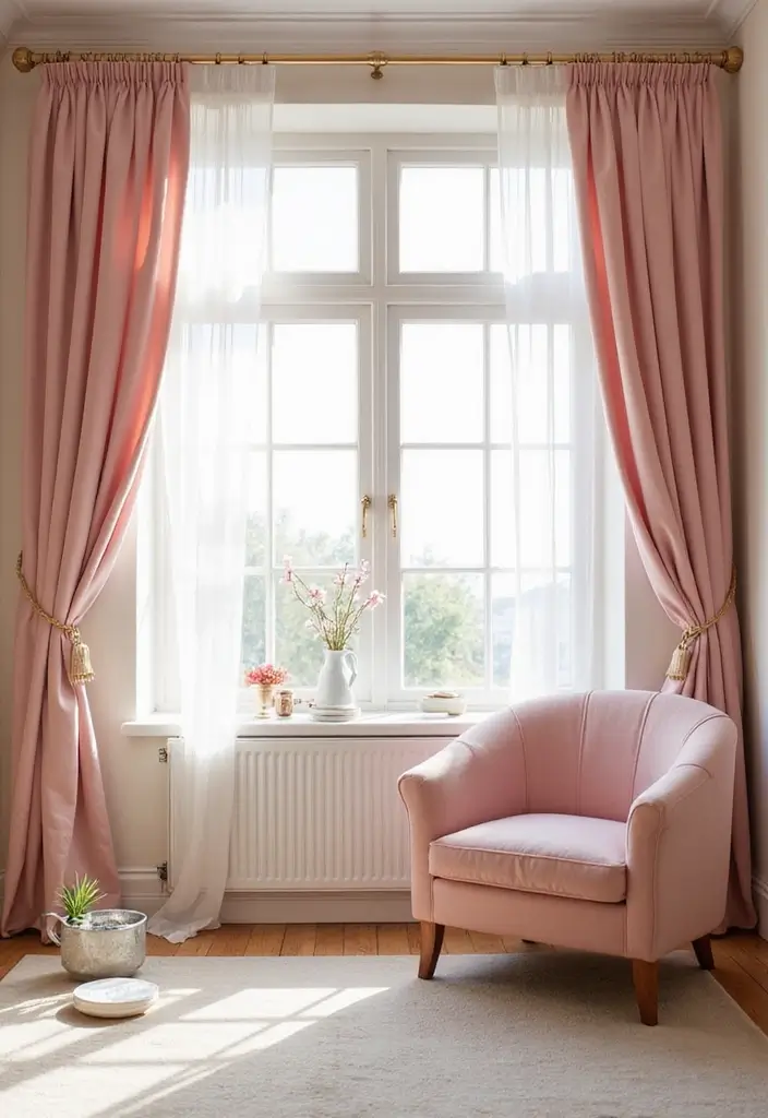 27 Living Room Pink Ideas That Feel Feminine and Warm - 5. Pink Curtains for a Dreamy Look