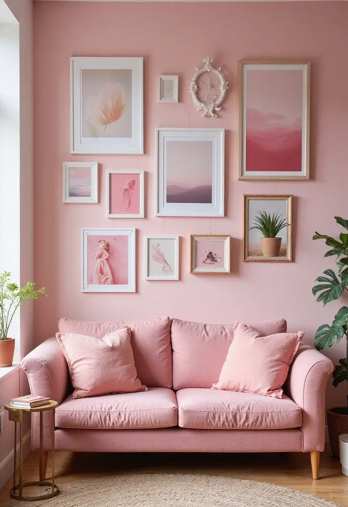 27 Living Room Pink Ideas That Feel Feminine and Warm - 6. Pink Artwork and Gallery Wall