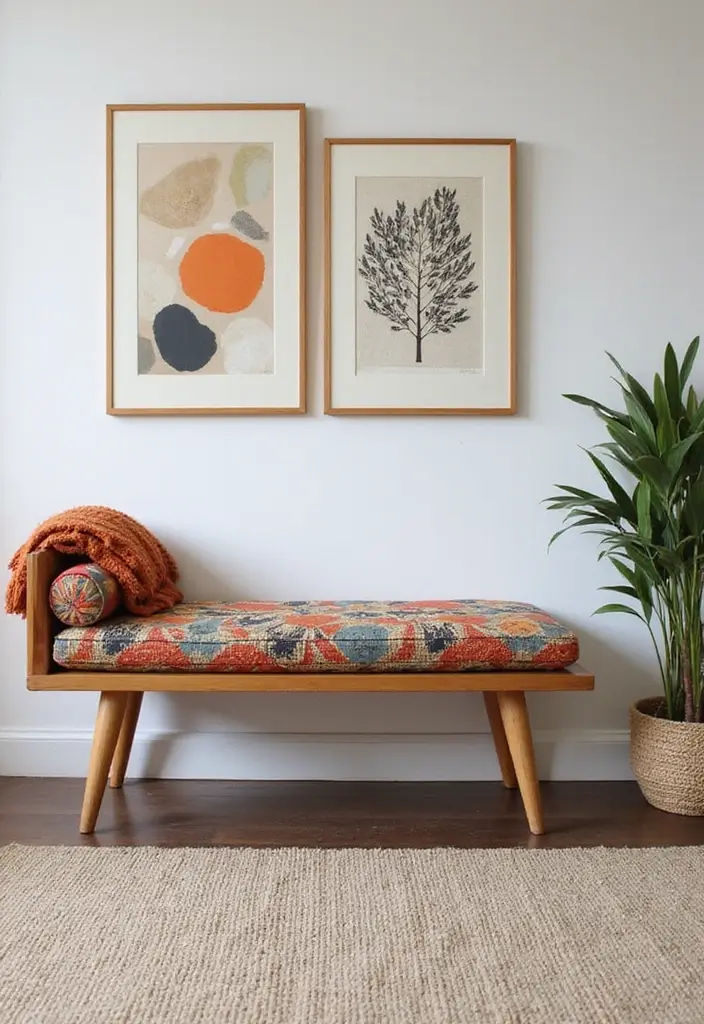 27 Living Room With Bench Ideas That Add Seating and Style - 1. Mid-Century Modern Bench