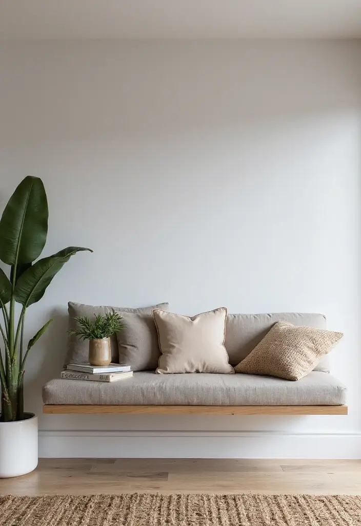 27 Living Room With Bench Ideas That Add Seating and Style - 10. Floating Bench