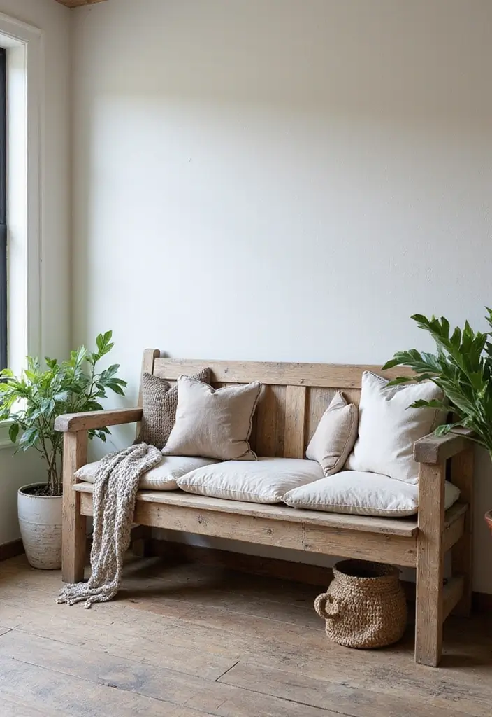 27 Living Room With Bench Ideas That Add Seating and Style - 2. Rustic Farmhouse Bench