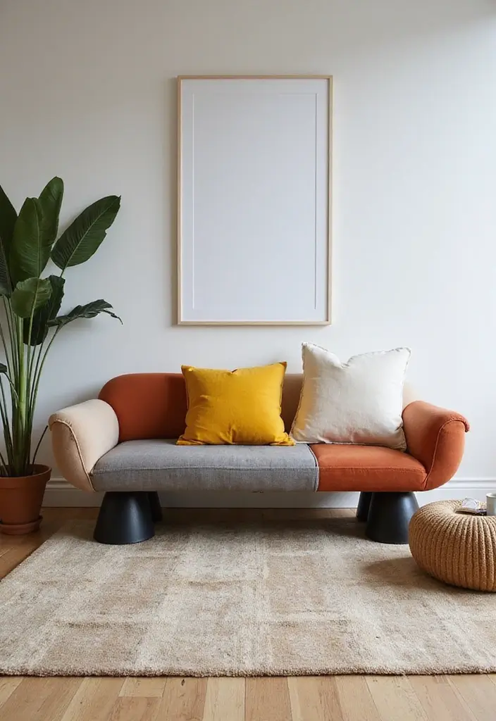 27 Living Room With Bench Ideas That Add Seating and Style - 27. Artistic Statement Bench