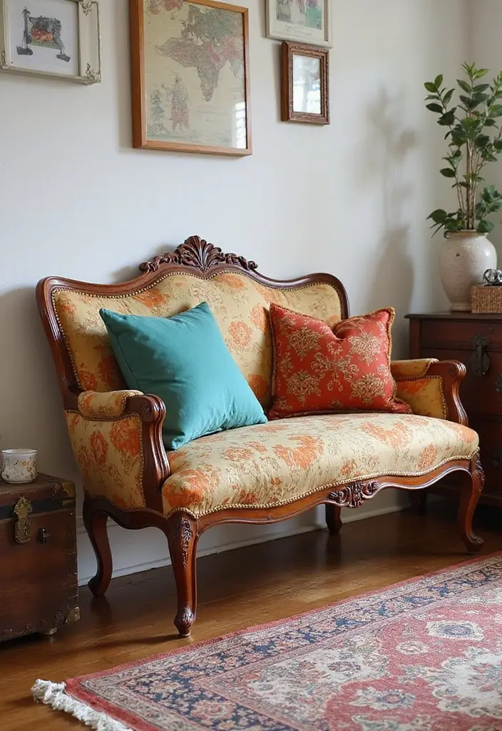 27 Living Room With Bench Ideas That Add Seating and Style - 7. Vintage Bench Revival