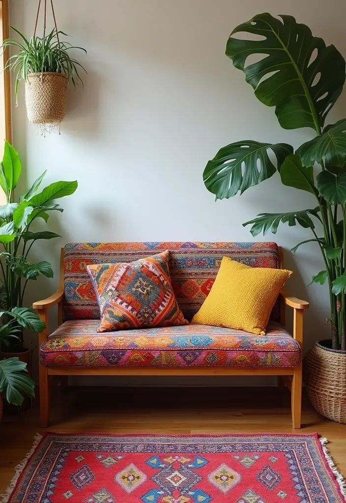 27 Living Room With Bench Ideas That Add Seating and Style - 9. Bohemian Bench