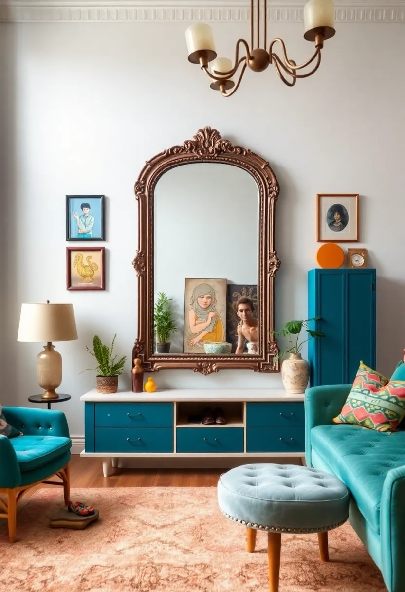 27 Mirrors Living Room Ideas That Reflect Style and Light - 10. Vintage Mirror with a Twist