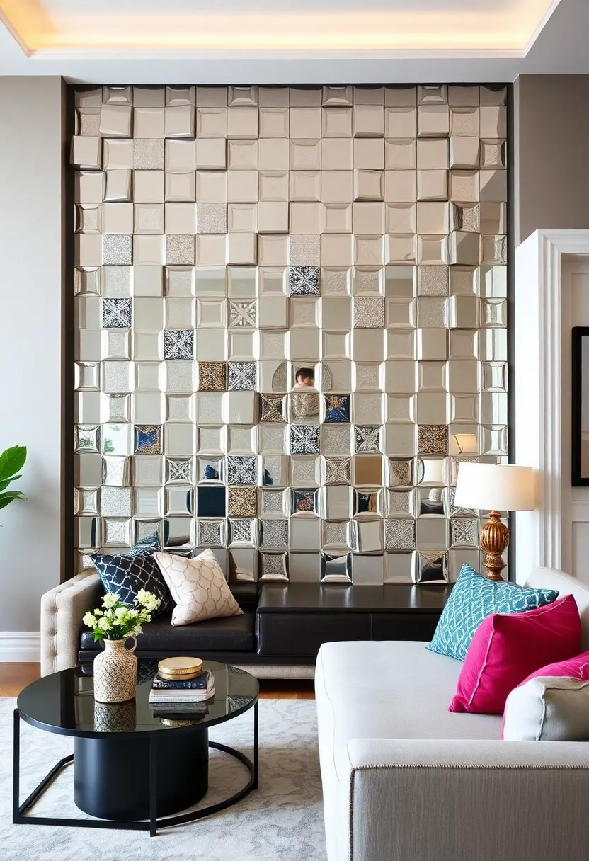 27 Mirrors Living Room Ideas That Reflect Style and Light - 17. Shimmering Mirror Tiles