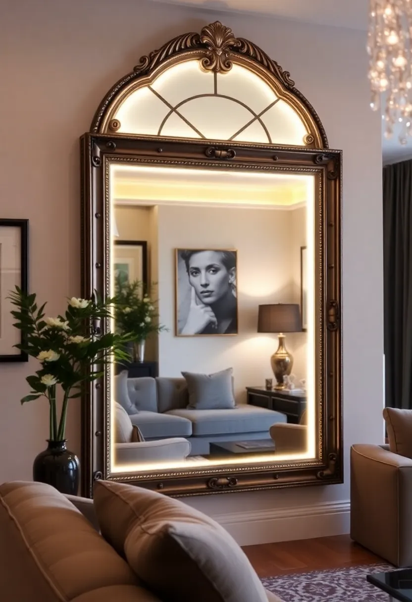 27 Mirrors Living Room Ideas That Reflect Style and Light - 18. Decorative Mirror with Lighting
