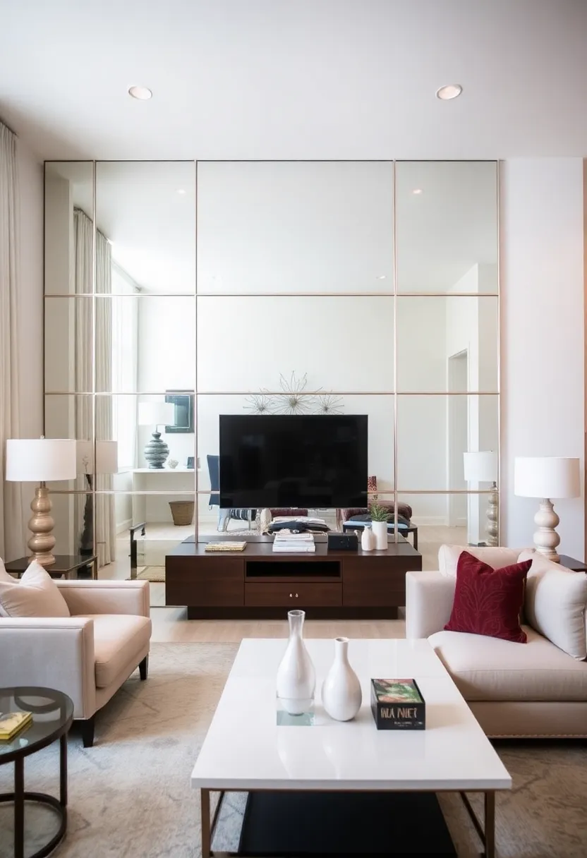 27 Mirrors Living Room Ideas That Reflect Style and Light - 19. Mirrored Accent Wall