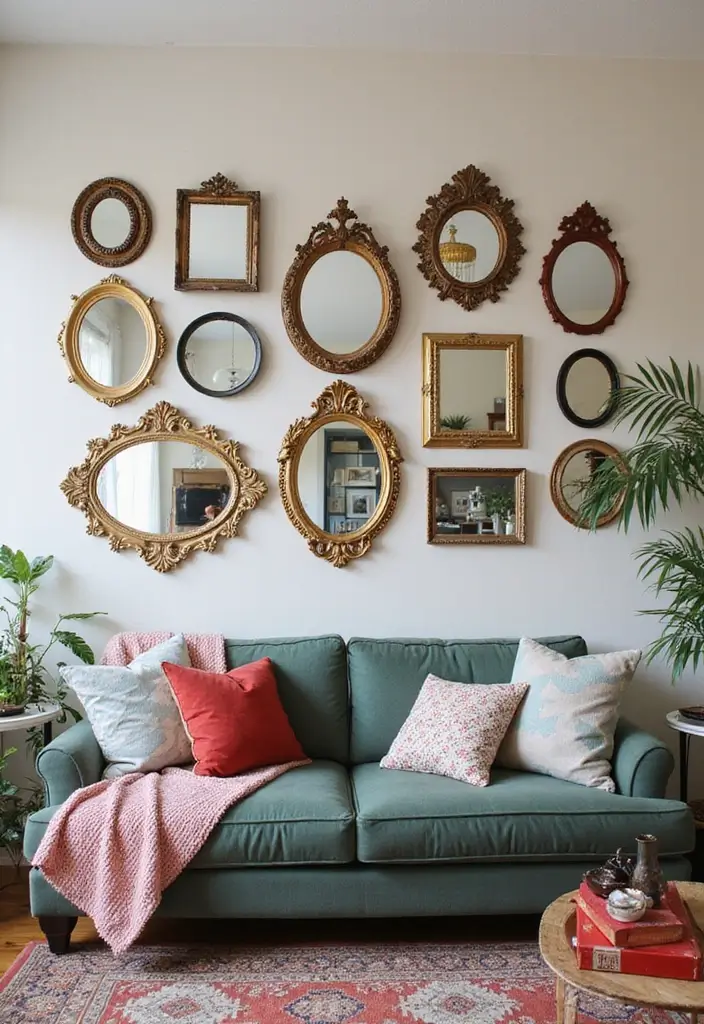 27 Mirrors Living Room Ideas That Reflect Style and Light - 2. Vintage Collage of Mirrors