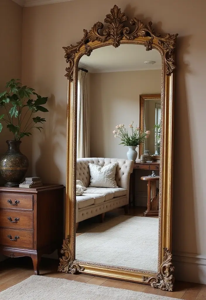 27 Mirrors Living Room Ideas That Reflect Style and Light - 3. Antique Floor Mirror