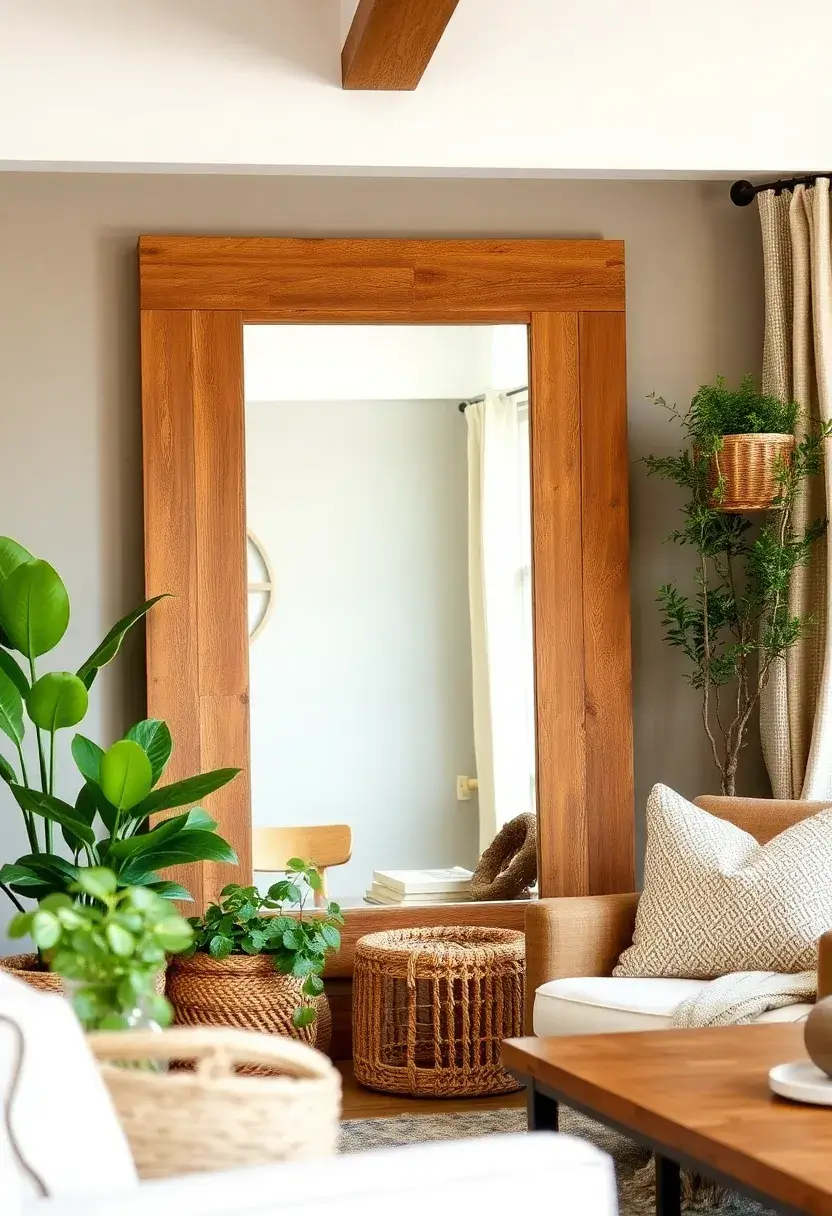 27 Mirrors Living Room Ideas That Reflect Style and Light - 5. Rustic Mirror with Nature Vibes