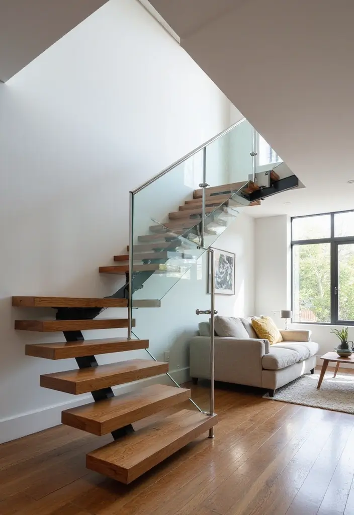 27 Open Stairs in Living Room Ideas That Look Modern and Spacious - 1. Floating Treads for a Modern Edge