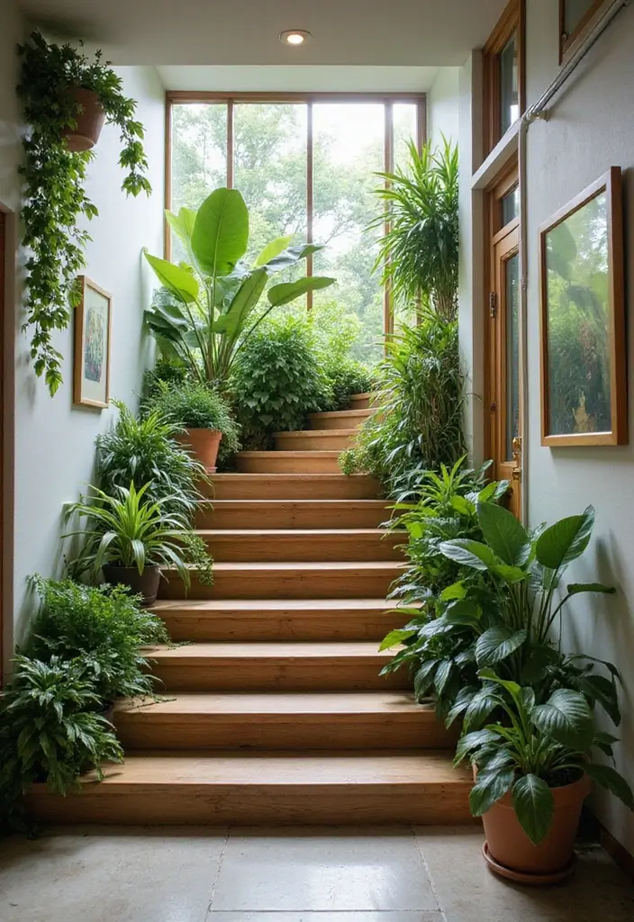 27 Open Stairs in Living Room Ideas That Look Modern and Spacious - 10. Biophilic Design with Greenery