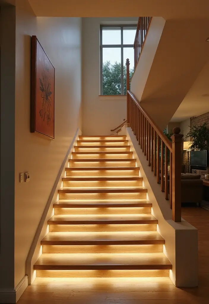 27 Open Stairs in Living Room Ideas That Look Modern and Spacious - 13. Stairs with Built-in Lighting