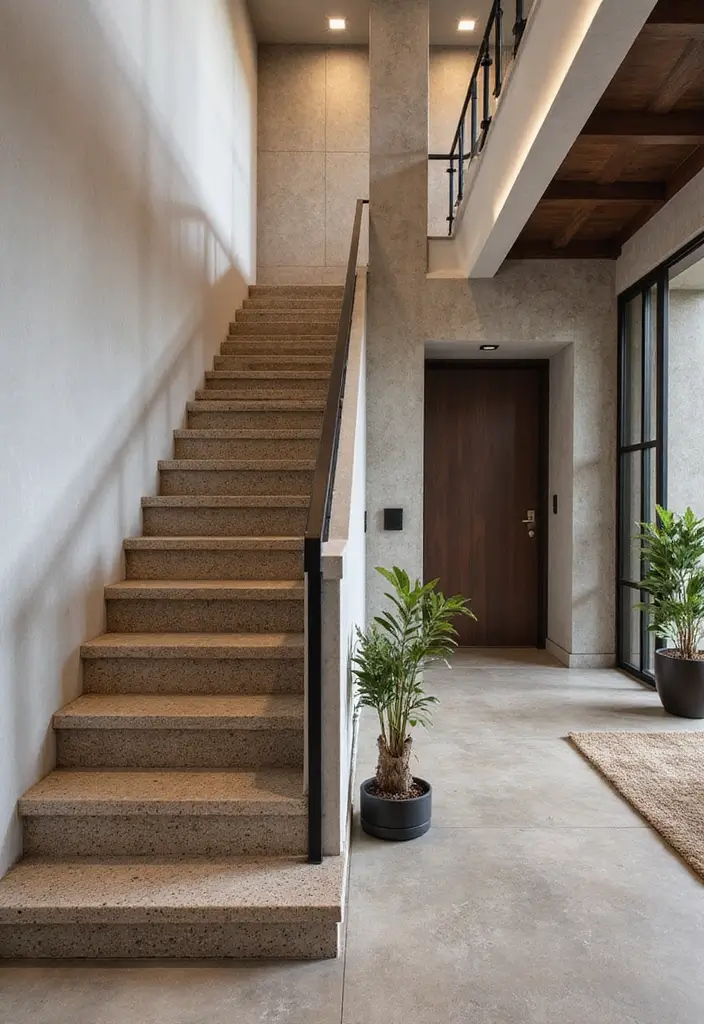 27 Open Stairs in Living Room Ideas That Look Modern and Spacious - 15. Textured Stair Materials