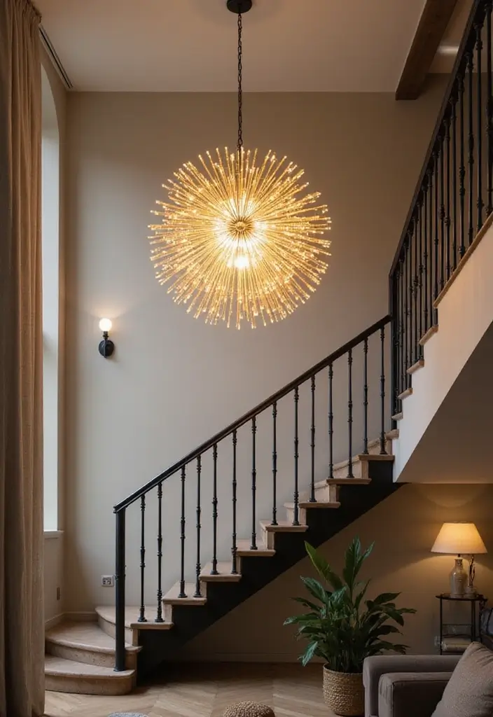 27 Open Stairs in Living Room Ideas That Look Modern and Spacious - 16. Statement Lighting Above Stairs