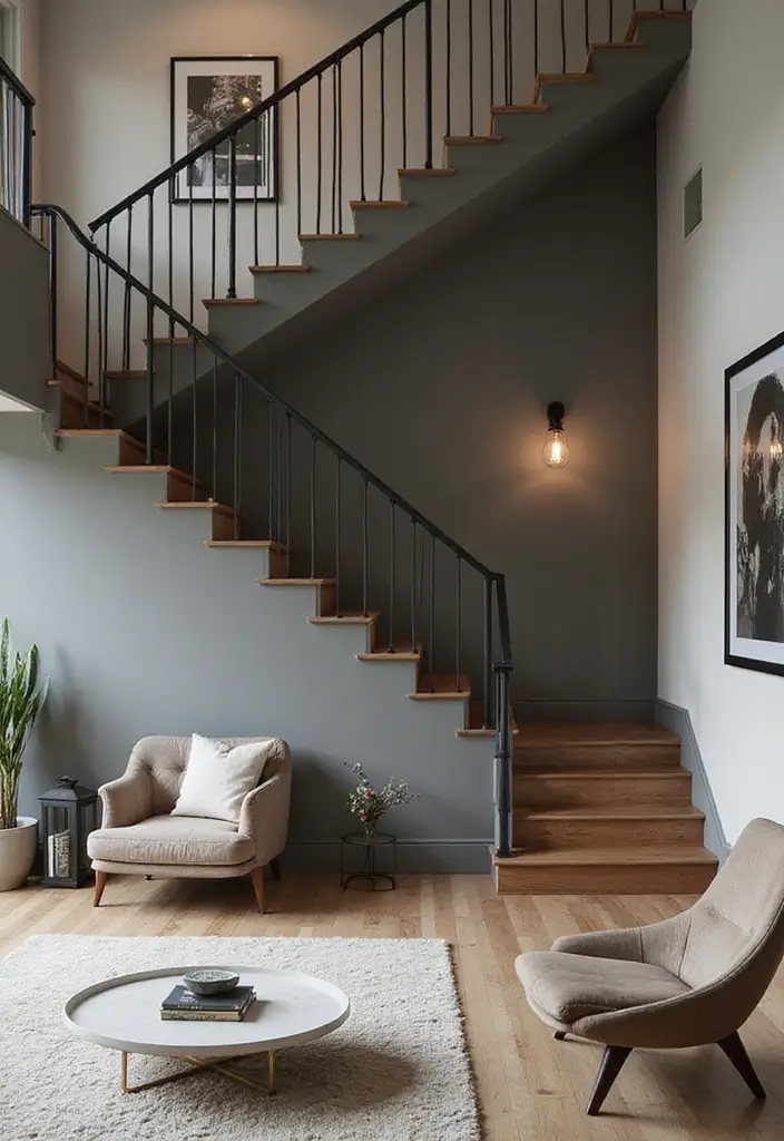 27 Open Stairs in Living Room Ideas That Look Modern and Spacious - 17. Sophisticated Color Schemes