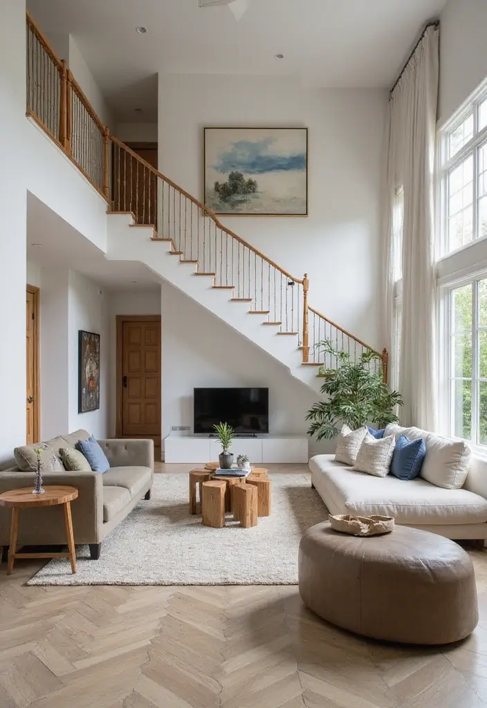 27 Open Stairs in Living Room Ideas That Look Modern and Spacious - 18. Open Concept with Zone Definitions