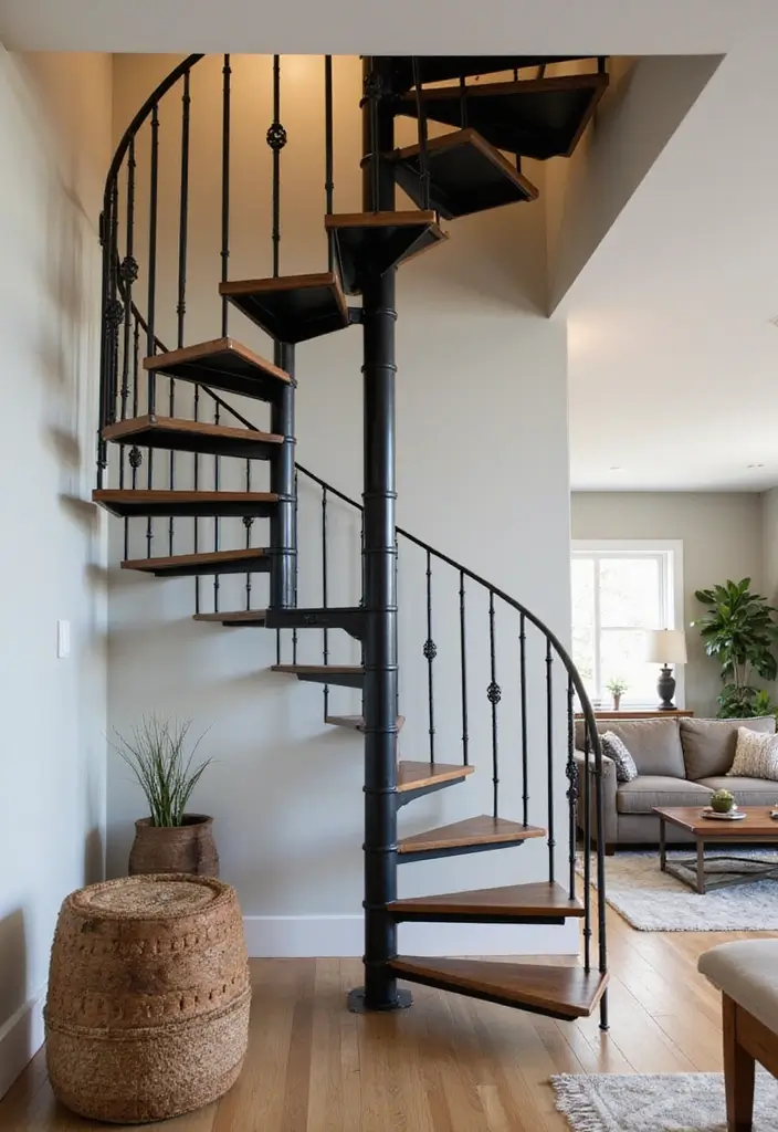 27 Open Stairs in Living Room Ideas That Look Modern and Spacious - 2. Spiral Stairs for a Unique Touch