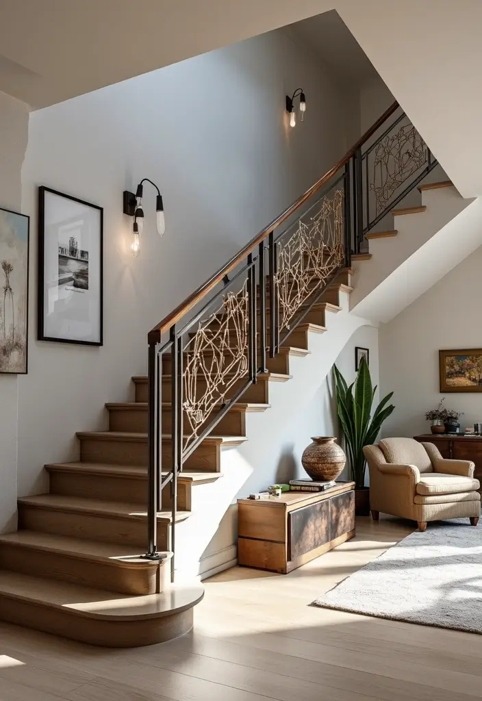 27 Open Stairs in Living Room Ideas That Look Modern and Spacious - 20. Staircase with Artistic Railing