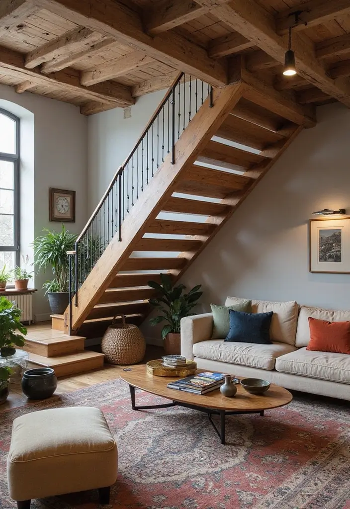 27 Open Stairs in Living Room Ideas That Look Modern and Spacious - 23. Contemporary Designs with Vintage Touches