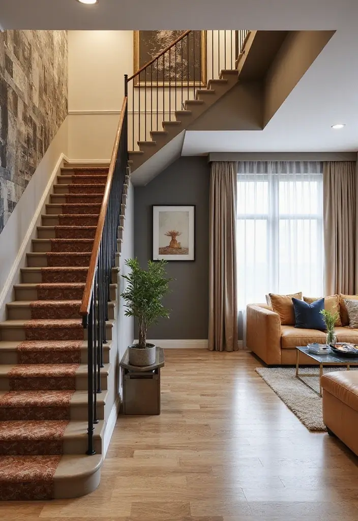 27 Open Stairs in Living Room Ideas That Look Modern and Spacious - 24. Stairs with Geometric Patterns