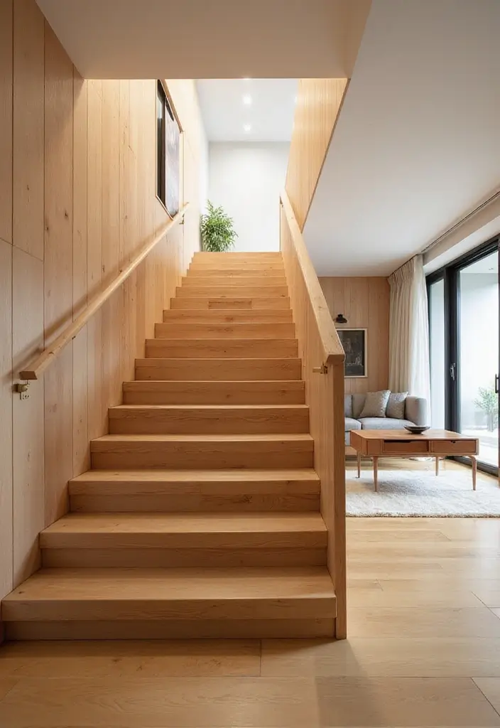 27 Open Stairs in Living Room Ideas That Look Modern and Spacious - 4. Minimalist Wood Stairs