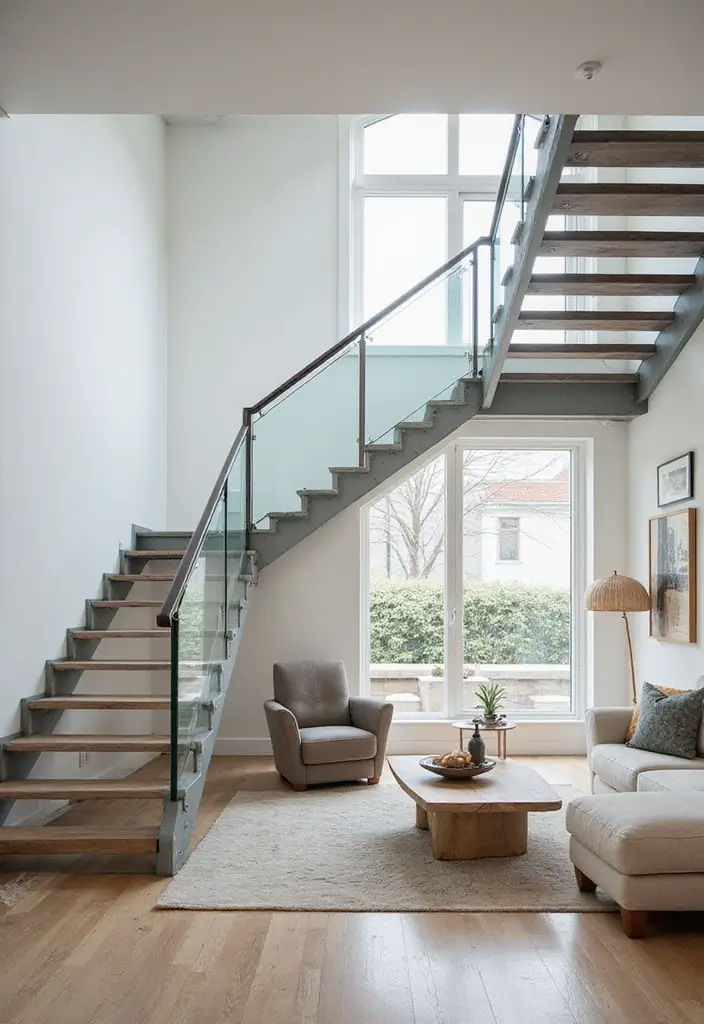 27 Open Stairs in Living Room Ideas That Look Modern and Spacious - 6. Glass and Steel Combinations