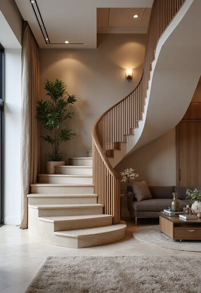 27 Open Stairs in Living Room Ideas That Look Modern and Spacious - 7. Curved Stairs for Elegance