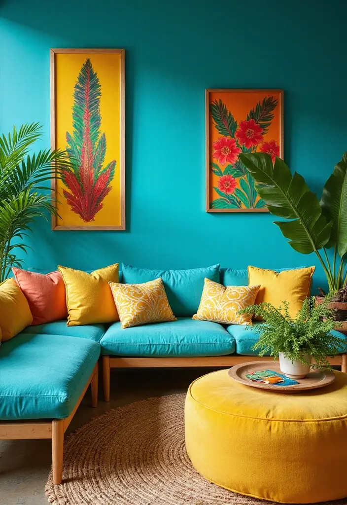 27 Tropical Living Room Ideas That Feel Bright and Relaxed - 2. Bright Color Palette