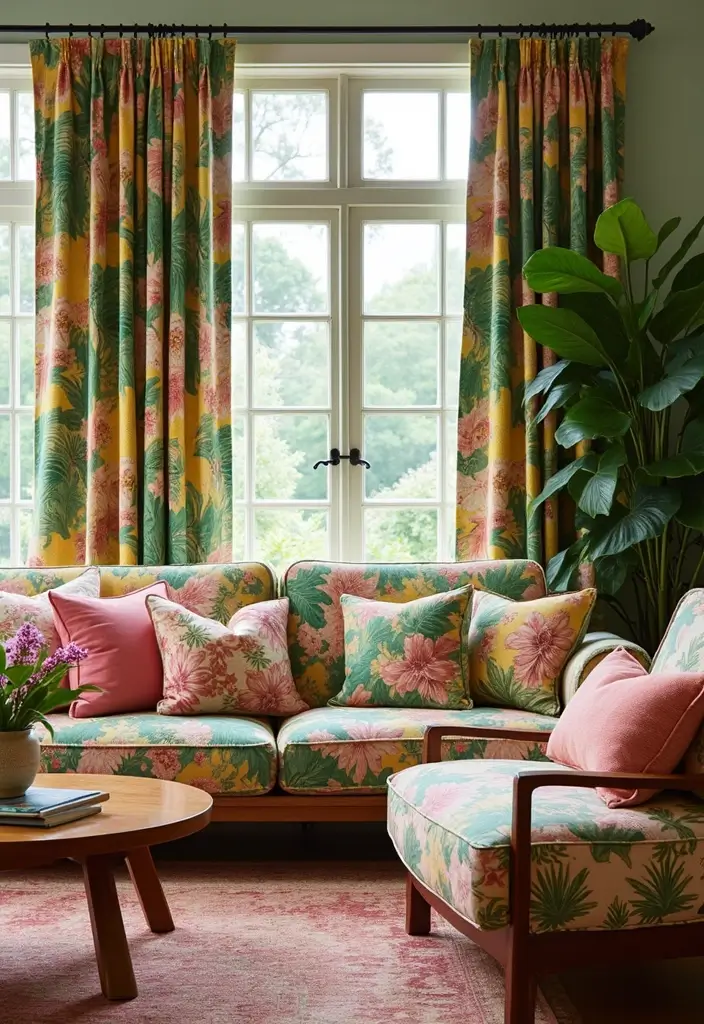 27 Tropical Living Room Ideas That Feel Bright and Relaxed - 23. Tropical-Themed Fabrics