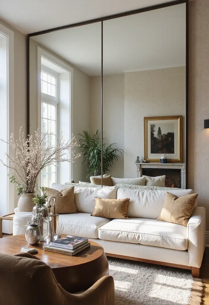 27 Wall Features Ideas Living Room That Add Texture and Depth - 11. Mirrored Walls