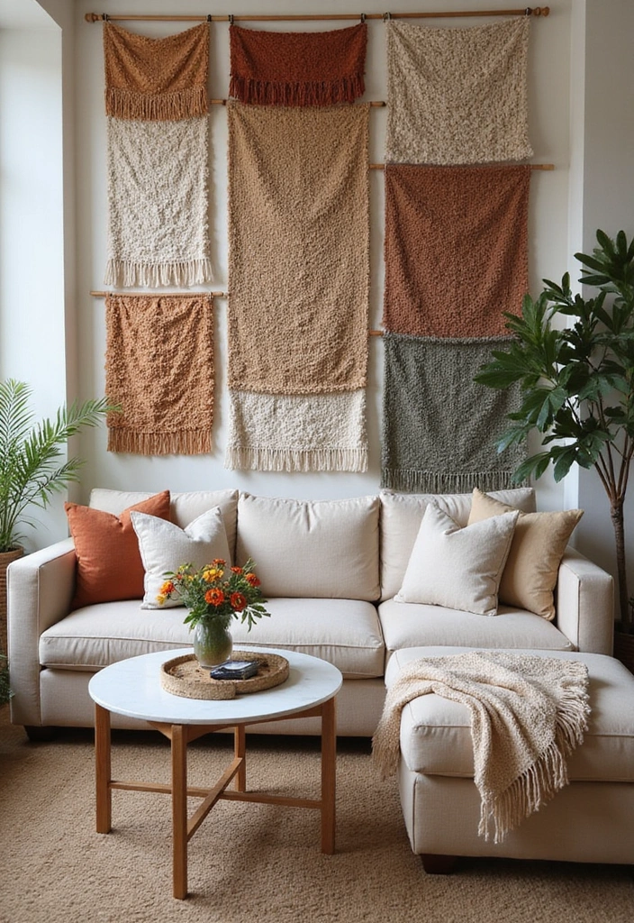 27 Wall Features Ideas Living Room That Add Texture and Depth - 14. Fabric Wall Hangings