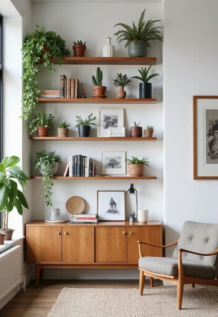 27 Wall Features Ideas Living Room That Add Texture and Depth - 16. Decorative Shelving